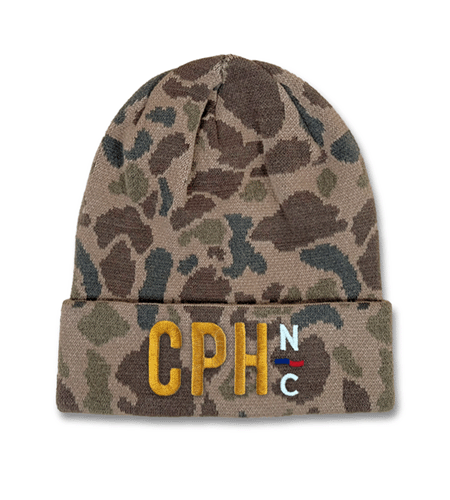 Custom camo acrylic beanie with direct embroidery logo.