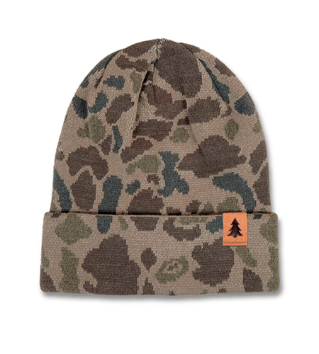Richardson camo knit beanie with suede clip label logo.