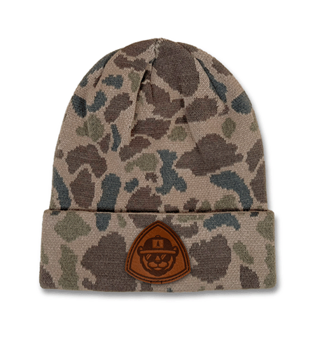 Richardson camo beanie with custom leather patch branding