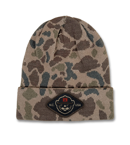 Richardson duck camo beanie with woven patch logo, custom knit.