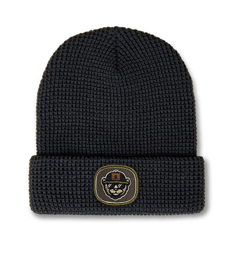 Richardson waffle cuffed beanie with embroidered patch logo.