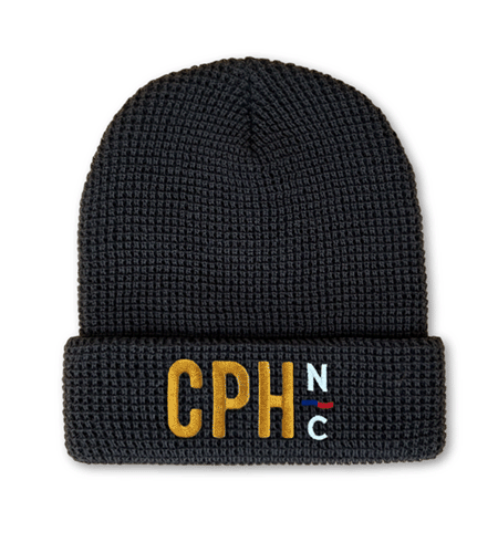 Custom waffle knit beanie with direct embroidery logo.