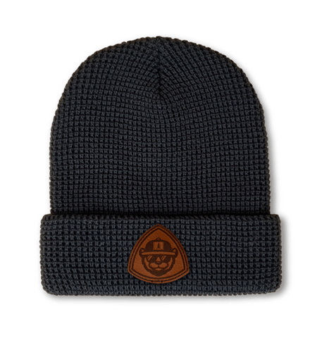 Richardson waffle beanie with custom leather patch on cuff.