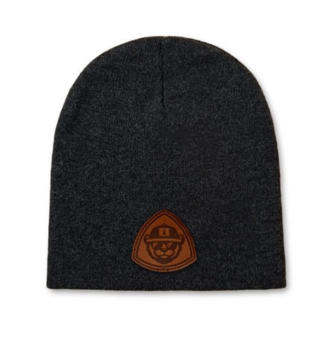 Custom Sportsman beanie with leather patch logo branding.