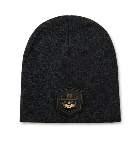 Sportsman knit beanie with PVC rubber patch customization.