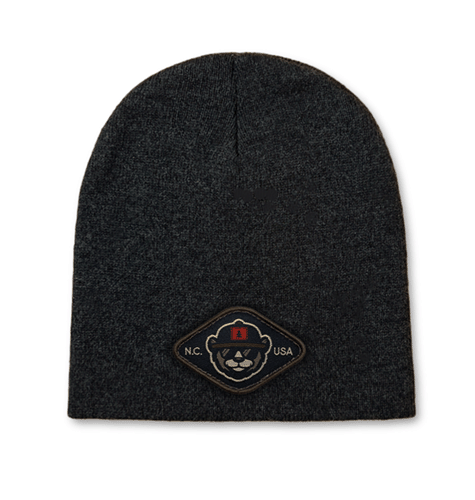 Sportsman 8-inch beanie with woven patch logo, custom bulk hats.
