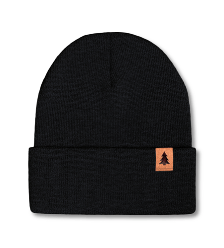 Sportsman cuffed knit beanie with leather clip label logo.