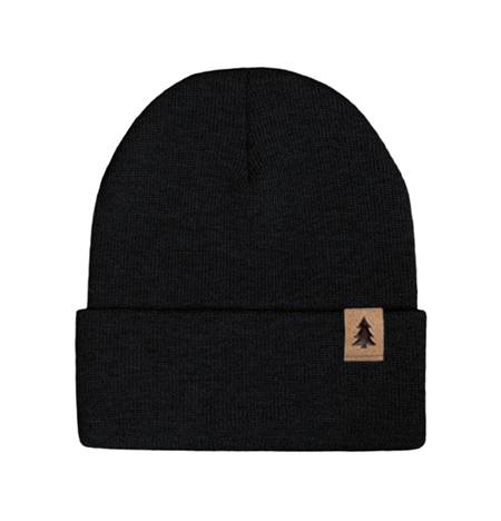 Sportsman cuffed knit beanie with leather clip label logo.