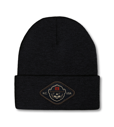 Sportsman 12-inch cuffed beanie with woven patch logo, custom winter hat.