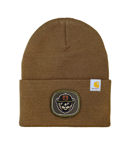 Carhartt beanie showing an example of a custom leather patch applied to the front cuff, demonstrating how a logo looks when added as a leather patch on Carhartt workwear.
