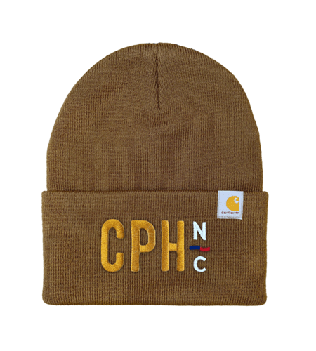 Carhartt beanie in Carhartt Brown showing an example of custom embroidery with the letters CPH and NC stitched on the cuff to demonstrate decoration style.