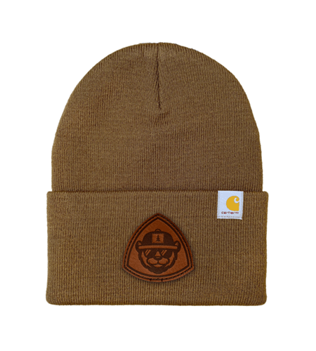 Carhartt beanie showing an example of a custom leather patch applied to the front cuff, demonstrating how a logo looks when added as a leather patch on Carhartt workwear.