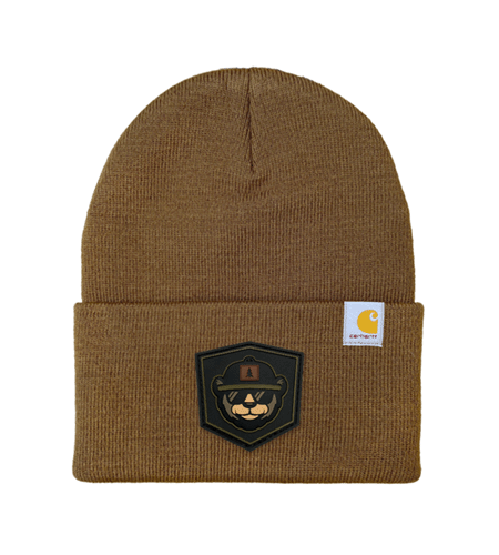 Carhartt beanie in Carhartt Brown displaying an example of a PVC rubber patch on the cuff to show how bold, durable rubber patches look on Carhartt workwear.
