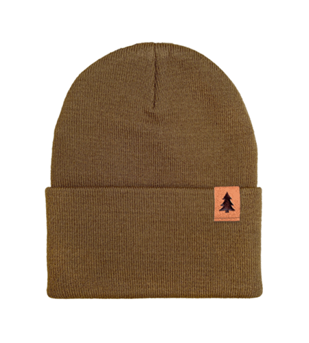 Carhartt beanie in Carhartt Brown showing an example of a suede clip label attached to the cuff to demonstrate how custom suede labels look on Carhartt workwear.