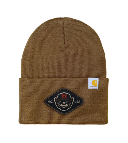 Carhartt beanie in Carhartt Brown showing an example of a woven patch attached to the cuff to demonstrate how custom woven patches look on Carhartt workwear.