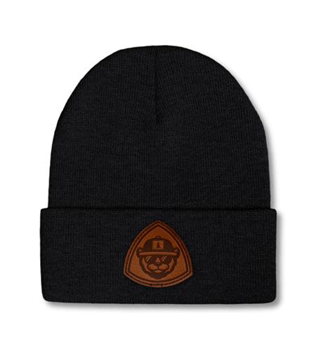 Sportsman cuffed beanie with custom leather patch branding.