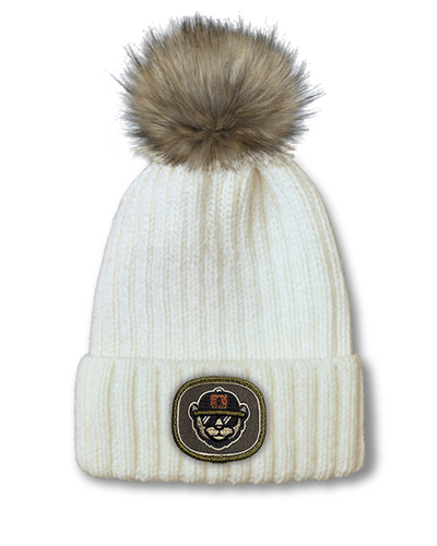 Port Authority pom pom beanie with embroidered patch logo.