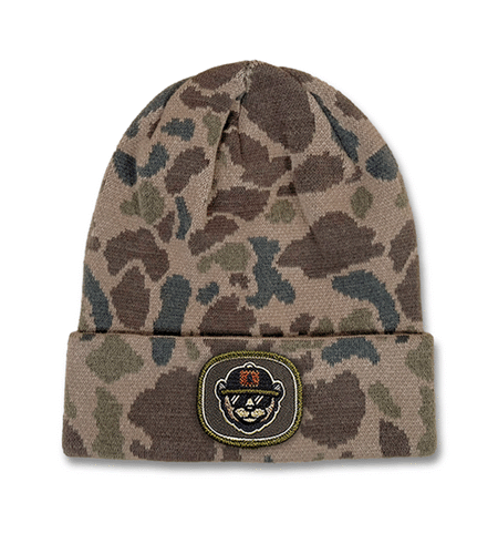 Richardson camo beanie with embroidered patch logo.