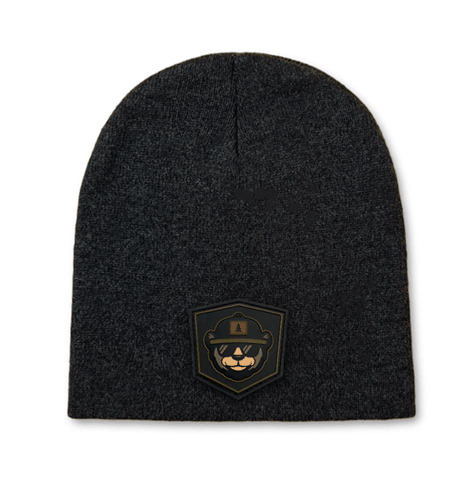 Sportsman knit beanie with PVC rubber patch customization.