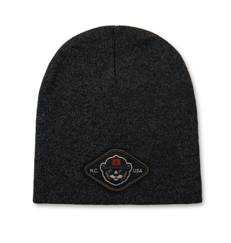 Sportsman 8-inch beanie with woven patch logo, custom bulk hats.