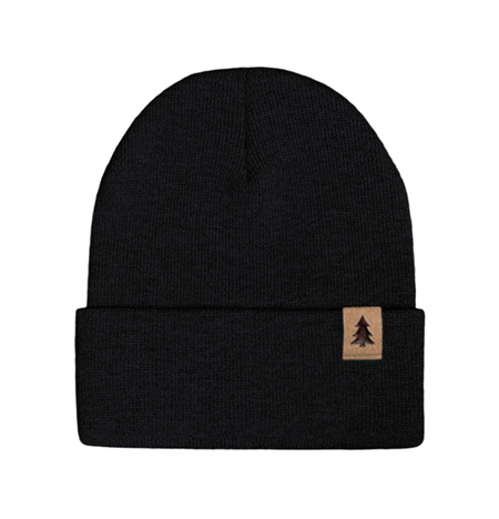 Sportsman cuffed knit beanie with leather clip label logo.
