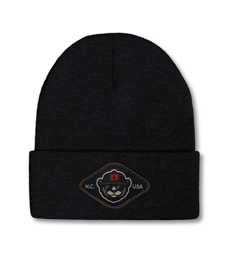 Sportsman 12-inch cuffed beanie with woven patch logo, custom winter hat.